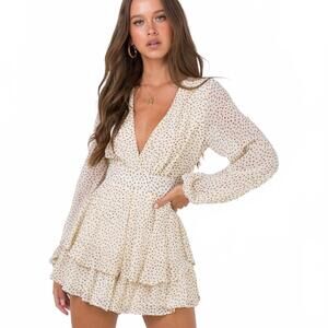 NWT Princess Polly String of Love Cream and Brown Printed Ruffle Romper- Size 8